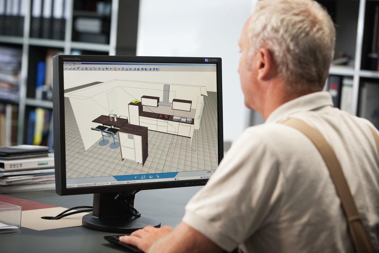 Planungsdarstellung am Computer durch Tischler Planungsdarstellung einer Küche in 3D am Computer durch Tischler