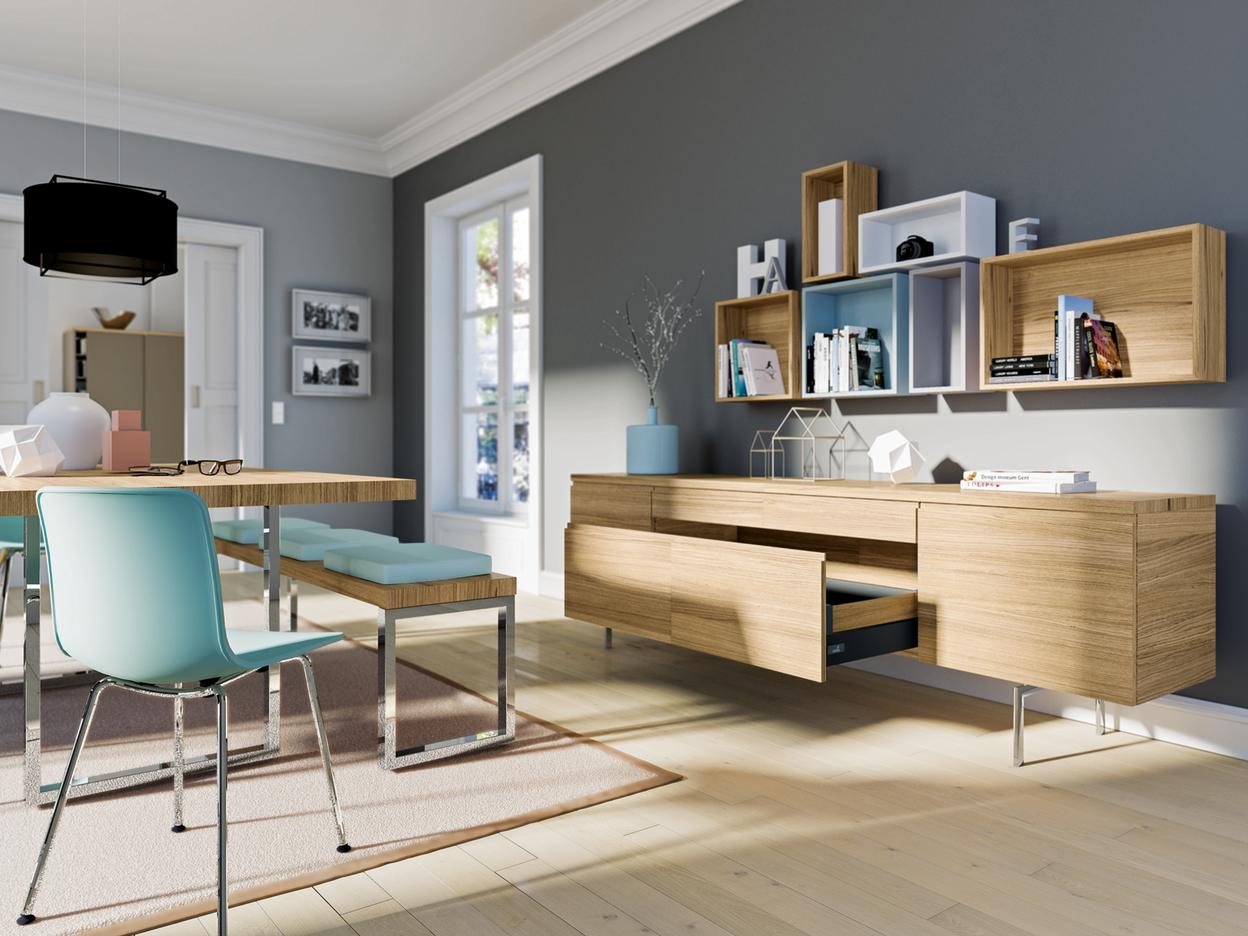 Esszimmerimpression in Holz-Türkis-Kombination Esszimmerimpression in Holz-Türkis-Kombination, Sideboard und Sitzbank mit akzentuierter grauer Wandgestaltung