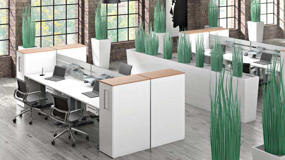 Großraumbürogestaltung Gestaltung eines Großraumbüros mit weiß lackierten Doppelschreibtischen und niedrigen Raumtrennern bepflanzt, Industrieräume