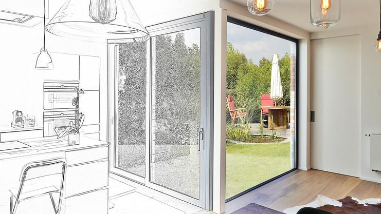 Küche und Terrasse frei planen Küche mit Blick in den Garten Zeichnung