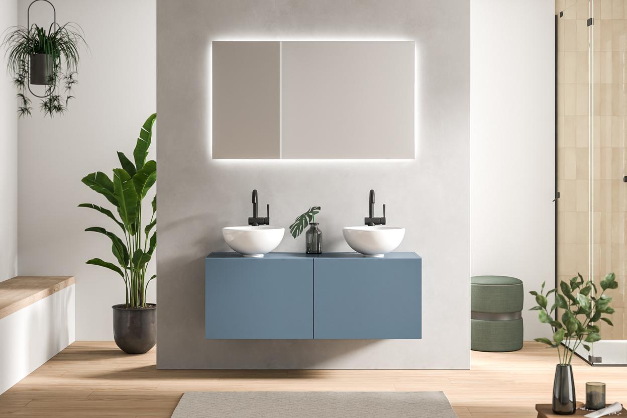 Designer Bad nach Maß mit Doppelwaschbecken Modernes Bad nach Maß mit einem schwebenden Doppelwaschbecken in Blau, dazu passende minimalistische Spiegel und sanfte Beleuchtung.